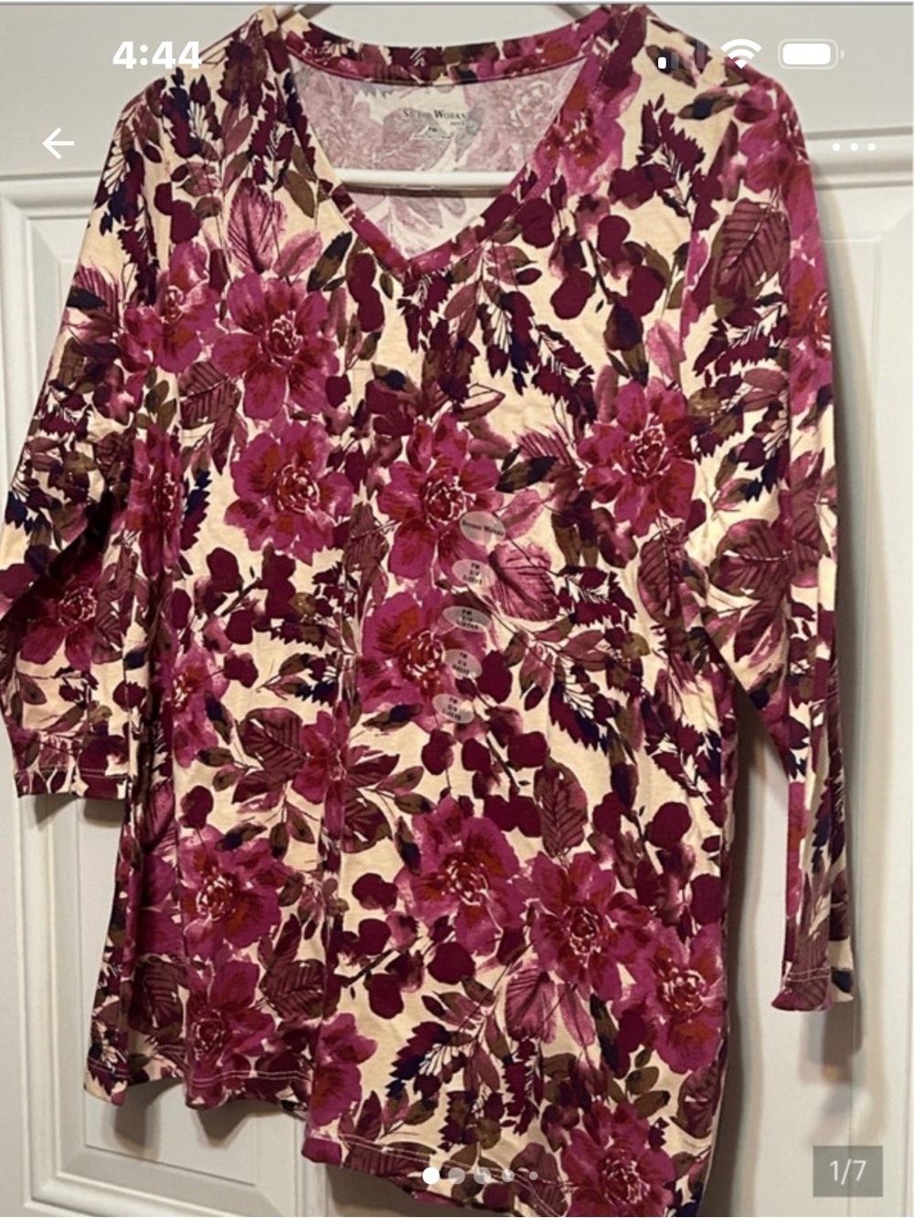 Studio Works Cream Long Sleeve V-Neck Top with Pink Floral Print